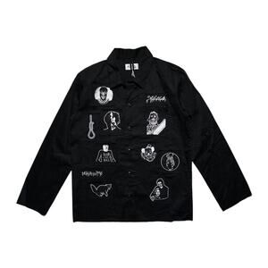 $675 graphic patchwork button down